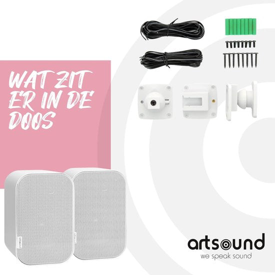 Artsound UNI20, Set van 2 passieve luidsprekers, 2-weg hifi luidspreker, 10-40 watt, muurbeugel met kogelgewricht, geschikt voor ruimtes tot 20 m² zoals gang, keuken, toilet, kleur: wit