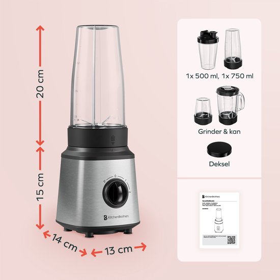 KitchenBrothers Blender - Complete Set - 2x 750ml Bowl - Grinder - Tamper - To-Go Cups - Stainless Steel