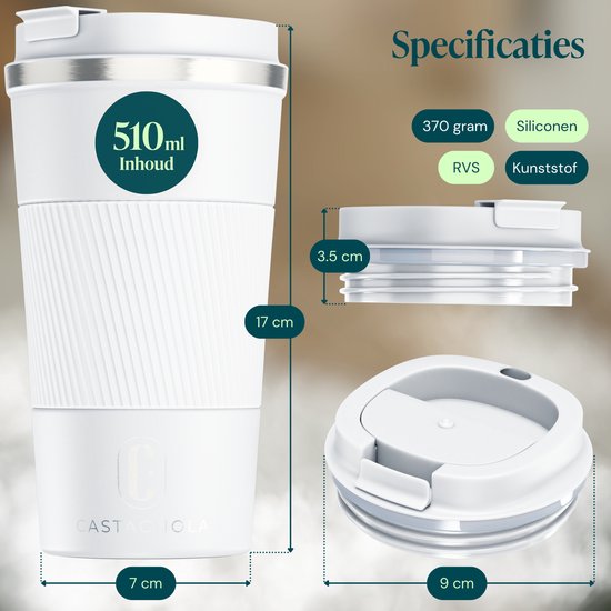Castagnola Thermosbeker - Koffiebeker To Go - Travel Mug voor Koffie en Thee - Theebeker - 510 ML - RVS - Wit