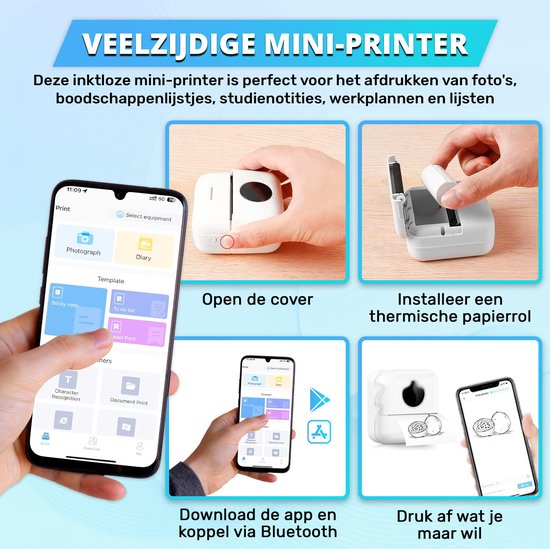 Mini Printer voor Mobiel - Incl. 6 Papierrollen, 5 Stickerrollen, 3 Kleurrollen en Kleurpennen - Mobiele Pocket Printer - Zonder Inkt - Draadloos - Wit
