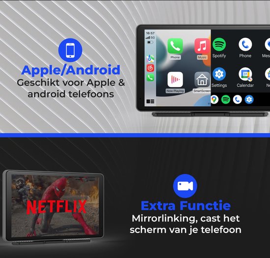 CarMe CarPlay Scherm 7 Inch - Apple CarPlay & Android Auto (Draadloos) - Touchscreen - Navigatiesysteem auto - Geschikt voor Apple CarPlay & Android Auto - Android Auto scherm