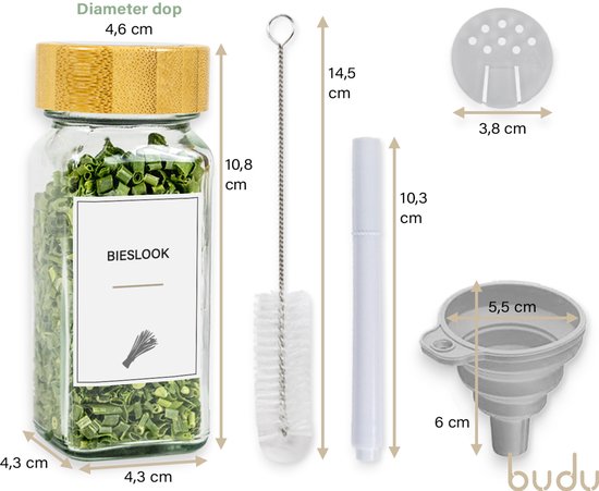 Budu Kruidenpotjes Vierkant - 28 stuks - Met Deksel - Kruidenstrooier - Incl. Stickers, Blanco Labels, Krijtstift & Accessoires - Kruiden potjes
