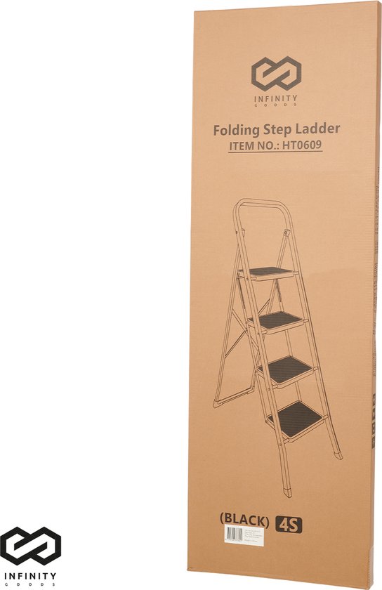 Infinity Goods Stevige Huishoudtrap 4 Treden - Keukentrap Inklapbaar - Anti-Slip - Trap Ladder - Opvouwbaar - Metaal - Zwart