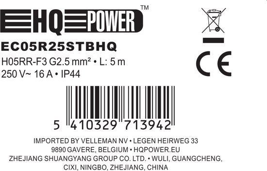 HQ-Power Verlengkabel, met krimpkous, H05RR-F 3G2.5, 5 m, 16 A/230 V, 3680 W, type E/F, IP44, rubber, zwart