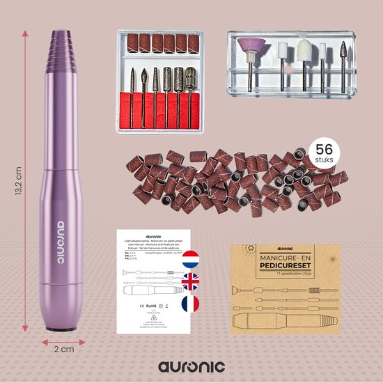 Auronic Elektrische Nagelfrees / Nagelvijl - 11 Bitjes en 56 Schuurrolletjes - Manicure / Pedicure - Roze