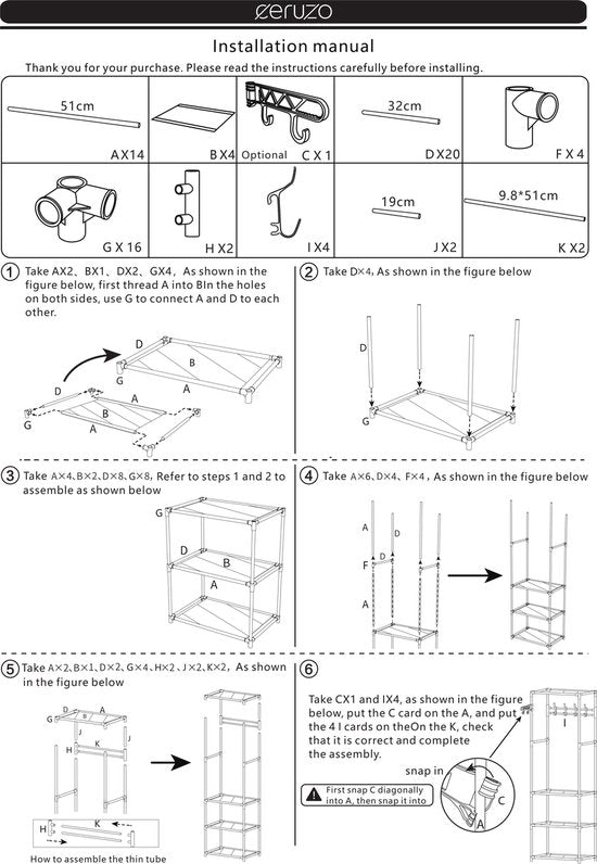 Kledingrek met 3 legplankjes - 55 x 36 x 170 cm - Metaal - Garderoberek - Ophanghaken - Wit