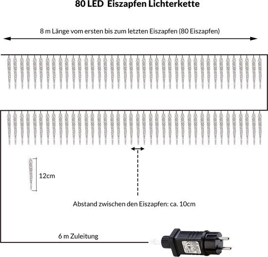 Monzana Ijspegel Kerstverlichting - Feestverlichting - 80 LEDS's - 13 m - helder wit