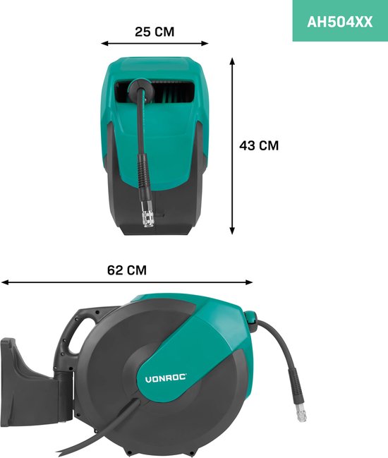 VONROC PRO Automatische luchtslanghaspel – Luchthaspel – Incl. 30 meter luchtslang, 2 meter aanvoerslang en wandmontageset – 17 bar/250 PSI - Universele EURO/DIN 7.2mm koppeling