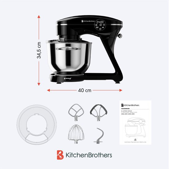KitchenBrothers Keukenrobot - Touch Display en Timer - Keukenrobot - 6,2L - 1800W - Keukenmixer - Aluminium - Zwart