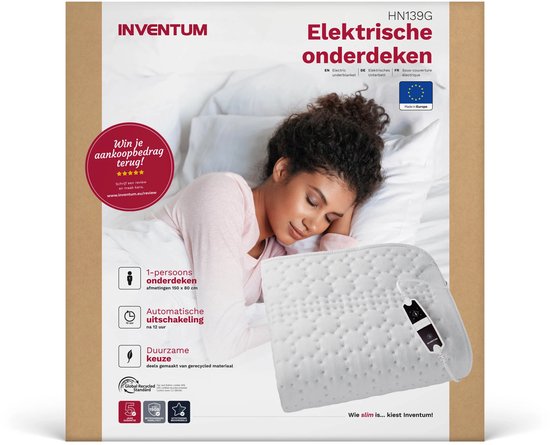 Inventum HN139G elektrische onderdeken 150x80 cm - Eenpersoons - 4 warmtestanden - Warmtedeken - Uitwasbaar - Automatische uitschakeling - Oververhittingsbeveiliging - Fleece - Wit
