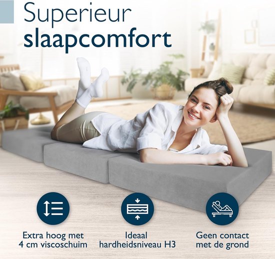 Beautissu VS95 – Premium Opvouwbaar Matras L 80X200cm – Extra Dik 14cm Traagschuim Vouwmatras H3 – Wasbaar – Eenvoudig Transport – Grijs