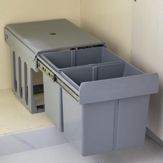 Homra Slide inbouw prullenbak met 2 vakken - 2 x 15 L - Duo inbouwprullenbak 30 Liter - Grijs