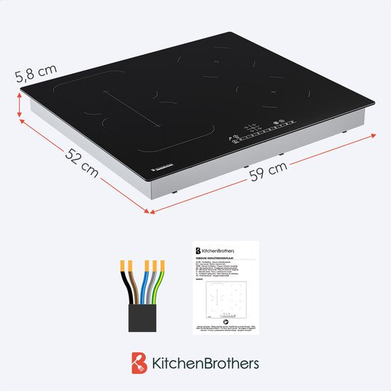 KitchenBrothers Inductie Kookplaat - Inbouw Inductieplaat - 60 cm - 4 Zones - 2x Flexzone - 1 en 2 Fase - Tot 2400W - Zwart