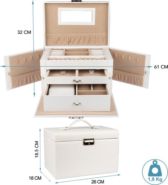 LifeGoods Sieradendoos XL - Juwelendoos - 20 Vakken - Wit/Beige