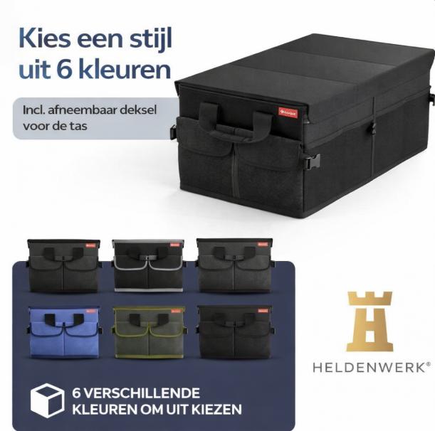 HELDENWERK Premium kofferbak organizer met deksel, stevig & antislip - Opvouwbare kofferbaktas, groot met dubbele bodem - Kofferbakbox, kofferbak organizer box