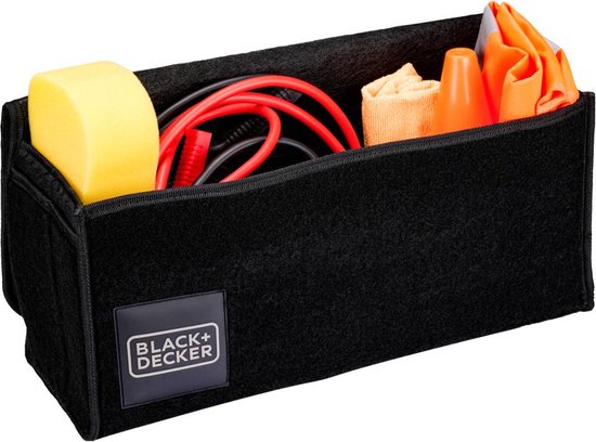 BLACK+DECKER - Kofferbak Organizer - Kofferbak Tas - 55 x 15 x 23 CM - 1 Groot Vak en 2 Insteekvakken - Boodschappen en Auto Accessoires - Met Klittenband - Zwart