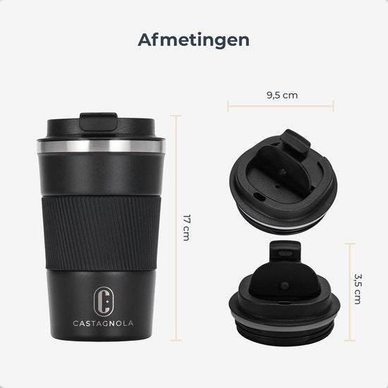 Castagnola Thermosbeker - Koffiebeker To Go - Travel Mug voor Koffie en Thee - Theebeker - 380 ML - RVS - Zwart