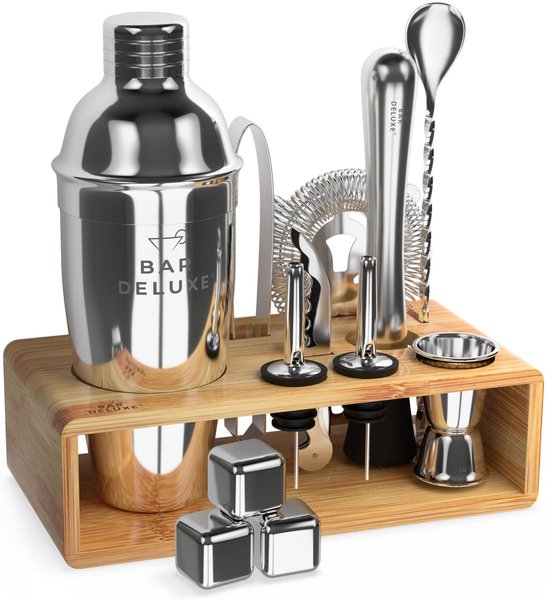 BarDeluxe® Cocktail Set - 13-Delig - Cocktailshaker 750 ml met Bamboe Standaard, Receptenboek & Whiskey Stones - Luxe Cadeauverpakking