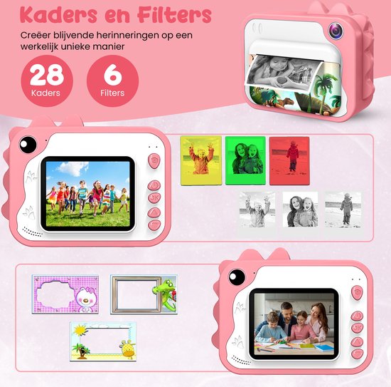 K&L® 3 IN 1 Digitale Kindercamera + Instant print + speelcamera - 32GB micro sd kaart - camera kinderen - Vlogcamera met games - Fototoestel voor Kinderen - Klein Formaat Speelgoed - Met videofunctie - Roze