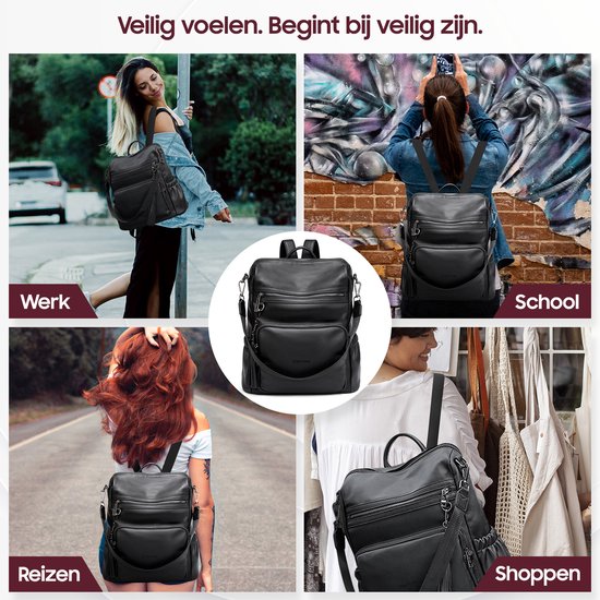 Glennoo rugzak - Rugtas dames - Waterdicht - Klein - Anti-diefstal Vakje - Rug-, Schouder-, Handtas in één - zacht PU-leer - Zwart