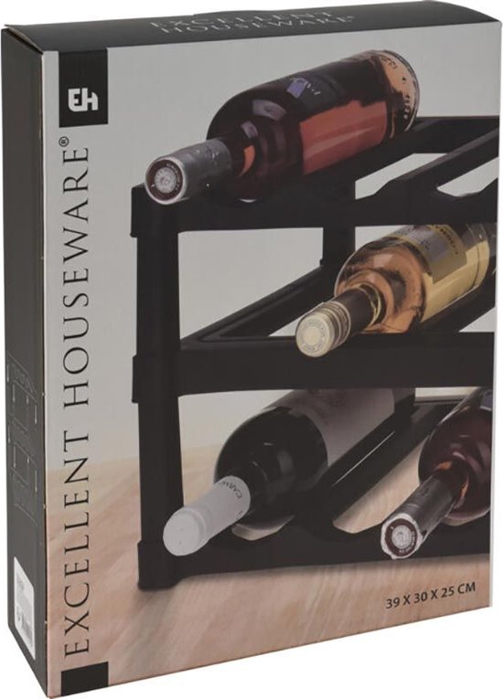 Excellent Houseware Wijnrek / flessenrek - Zwart - Kunststof - 39 x 30 x 25 cm - voor 12x flessen
