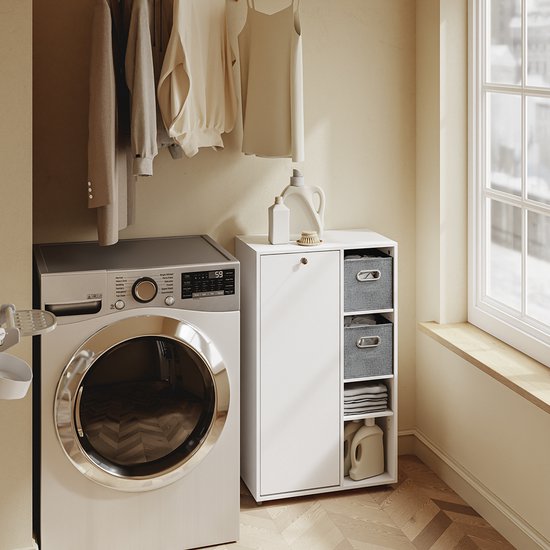 SoBuy Badkamermeubel met wasmand, Opbergkast met 2 stoffen manden, ruimtebesparend, vuile was, Wit, voor wasruimte BZR218-W