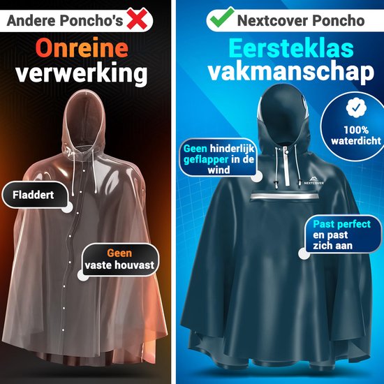 Nextcover Regenponcho Fiets voor Dames en Heren | Regencape met AquaShield 2.0 Technologie, Winddicht & Waterdicht | Ideaal voor Fietsen, Wandelen en Vissen | Fietsponcho Volwassenen Unisex Pasvorm | Poncho