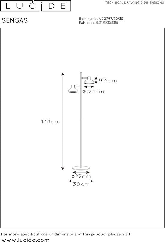 Lucide SENSAS - Vloerlamp - 2xGU10 (ES111) - Zwart