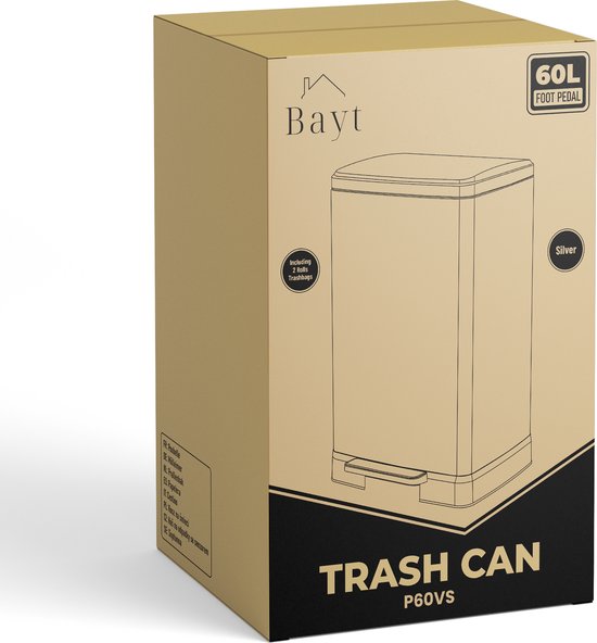 Bayt Prullenbak - Prullenbak 60 Liter - Inclusief 2 rollen vuilniszakken - Vuilnisbak 60 Liter - Pedaalemmer 60 Liter - Afvalbak - RVS - Zilver