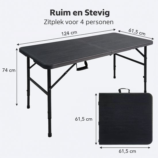 LifeGoods Inklapbare Tafel - 124x61,5 cm - Stevige Klaptafel - Weerbestendig - Inklapbare eettafel - Campingtafel - Vouwtafel voor Binnen en Buiten - Zwart houtnerf