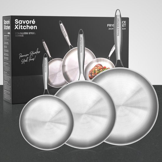 Savoré Kitchen 3-delige RVS Koekenpan Pannenset - Ø 20, 24, 28 cm Pannen - Inductie - Pan - Koekenpannen - Pannensets - Koekenpannenset
