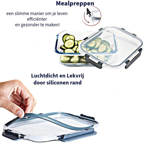 Ceruzo Meal Prep Bakjes - 5 stuks Vershoudbakjes - Borosilicaat Glas- Luchtdicht- 21,5 x 16 x H6,6 cm