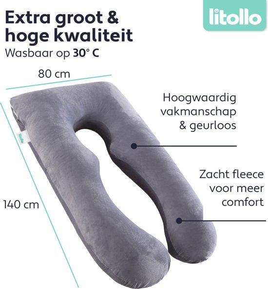 Litollo® Zwangerschapskussen XXL - Voedingskussen - Lichaamskussen - Body pillow - 280cm - Zachte fleece stof - Grijs - Met gratis extra afneembare hoes (t.w.v. €29,95)