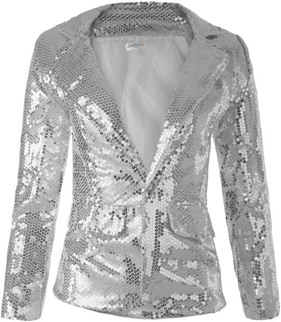 Dressforfun Paillettenjas dames zilver XL - verkleedkleding kostuum halloween verkleden feestkleding carnavalskleding carnaval feestkledij partykleding - 303854