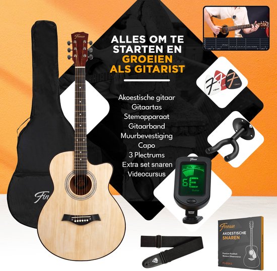 Finesse Akoestische Gitaar - met Videocursus - 4/4 40" - Western Gitaar - Gitaar Kind & Volwassenen - Naturel