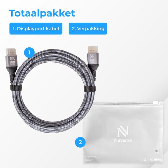 Nuvance - Displayport Kabel - 2 Meter Display Kabel - tot 32.4GBps - 8K Ultra HD - voor TV, Computer, Monitor, Projector & Beamer - Display Port