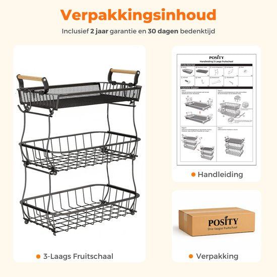 Posity Fruitschaal 3 Laags - Fruitmand - Fruit Etagere - Groentemand - Draadmand - Met bananenhouder - Hout & Metaal - Zwart