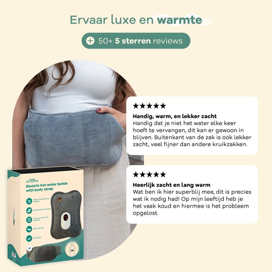 Zenwave Elektrische Kruik met Hoes - Digitaal Display - Warmtekruik & Waterkruik met Handwarmers - Oplaadbare Warmtekussen - Menstruatie Warmteband - Duurzaam & Draadloos - Kamperen & Outdoor - Warmwaterkruik Grijs