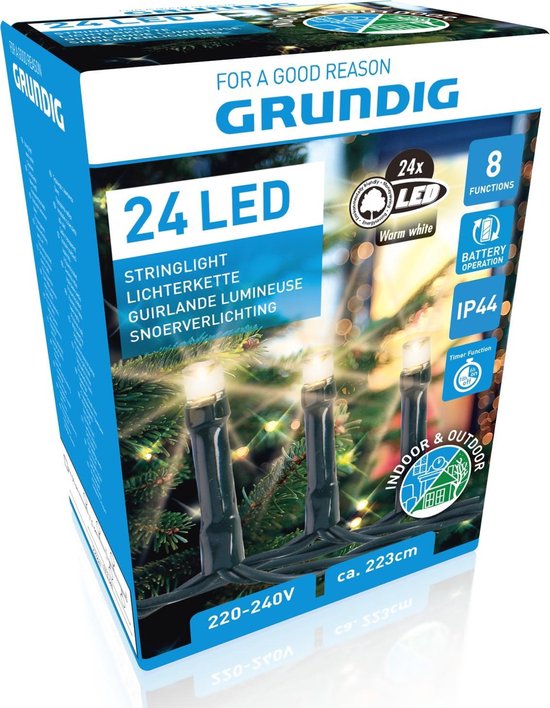 Grundig Kerstverlichting - 24 LED - 8 Standen - met Timer - 223 cm - Warm Wit
