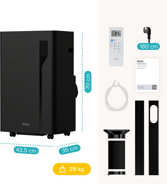 MOA Mobiele Airco - 12.000 BTU - Met Afstandbediening - Tot 35m² - Airconditioner met Ontvochtigingsfunctie - Raamafdichtingskit - Zwart