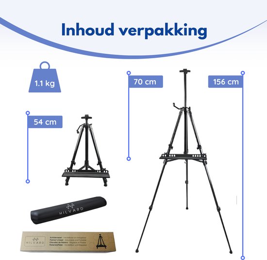 Hilvard - Schildersezel voor Volwassenen - Tafelezel - Veldezel - Verstelbaar - Quick Grip & Release Beugel - Zwart - Geschikt voor Schildersdoeken - Atelierezel - Incl. Opbergtas - 54 cm tot 156 cm