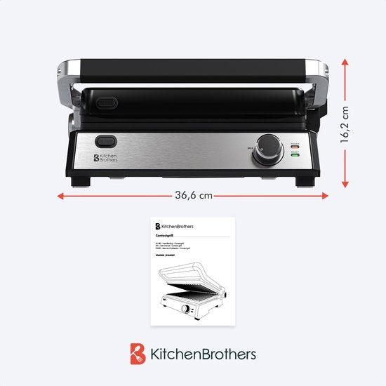 KitchenBrothers Contactgrill Deluxe - Tosti Apparaat - Grill Apparaat - Uitneembare Grillplaten - Panini Grill - 5 hoogtestanden - Croque Monsieur Toestel - 2000W - RVS