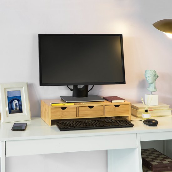 SoBuy BBF03-N Monitorstandaard Bureau-organizer met 3 Laden - Bamboe - 51x12x25cm