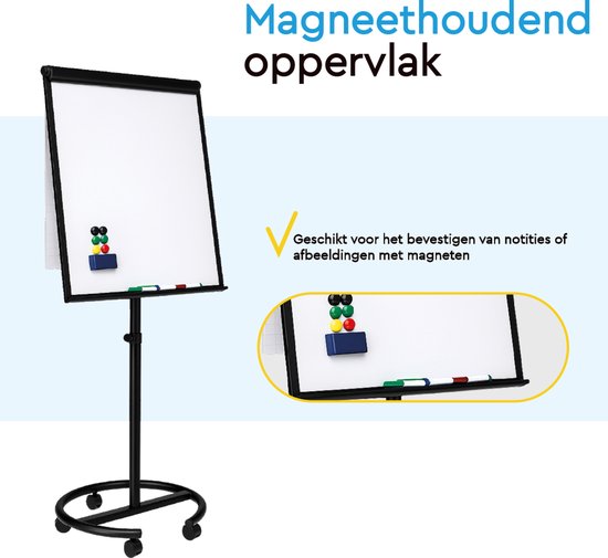 BRASQ Flipover Verrijdbaar Deluxe -70x100 cm - Verstelbaar Whiteboard - Inclusief 25 vellen papier en accessoires - met Uitschuifbare Armen - Magnetisch bord met Haken - Magneetbord - Zwart
