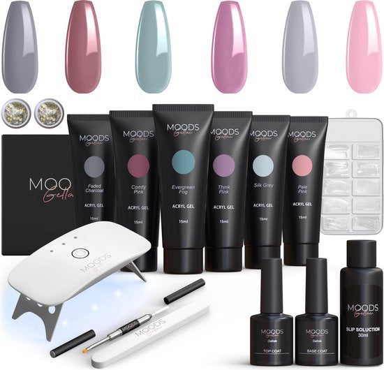 Moods Gellac - Luxe Polygel Set - Polygel Nagels Starterspakket - Inclusief UV LED lamp - 6 Kleuren - Grey Nude