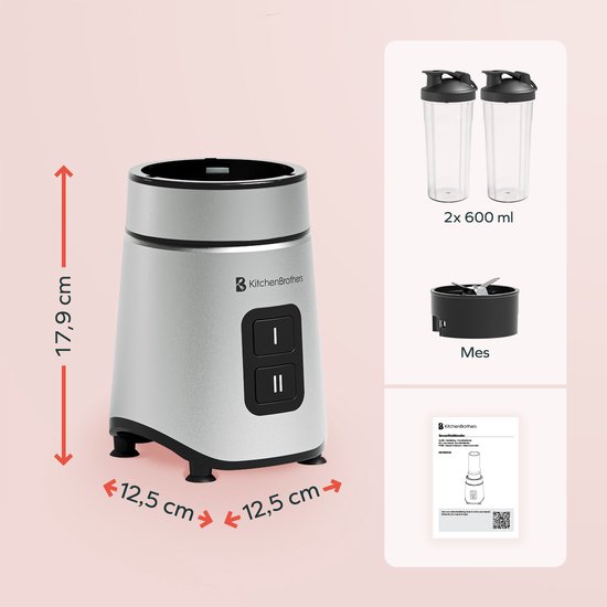 KitchenBrothers Mini Blender - Blender to Go - 2 Standen - Smoothie Maker - 2 To-Go Bekers 600 ml - Zwart