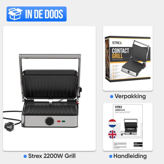 Strex Tosti Apparaat XL Met Temperatuurregeling - Contactgrill Groot / Tosti Ijzer / Broodrooster / Grill Apparaat / Panini Grill - PFAS Vrij - 2200W