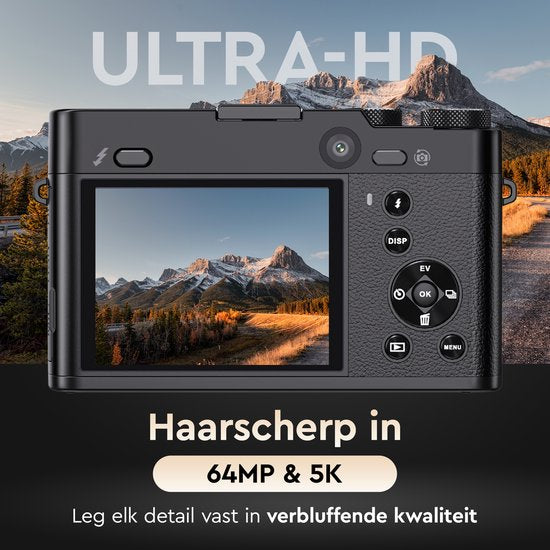 K&L Digitale Camera 5K - 64MP - 6X Optische Zoom - Fotocamera - Compact Camera - Vlog Camera - Ideaal voor Beginners - Inclusief 64GB - NL Software