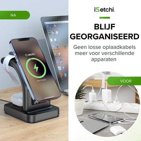 iSetchi MagSafe 5-in-1 Draadloze Oplader (15W USB-C snellader) - Met LED lamp, Digitale klok & Alarm functies - Geschikt voor iPhone, Apple iWatch & Airpods - Draadloos Qi Station - GSM Lader