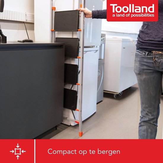 Toolland Stepix trapladder, 4 treden, inklapbaar, huishoudtrap met hoge beugel, antislipvoetjes en antislipprofiel op de twee treden, epoxycoating, metaal, draagvermogen tot 150 kg
